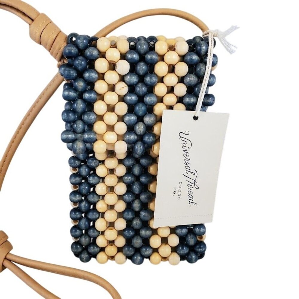 Universal Thread Small Beaded Crossbody Bag Blue Ivory Stripe Boho Purse Cell